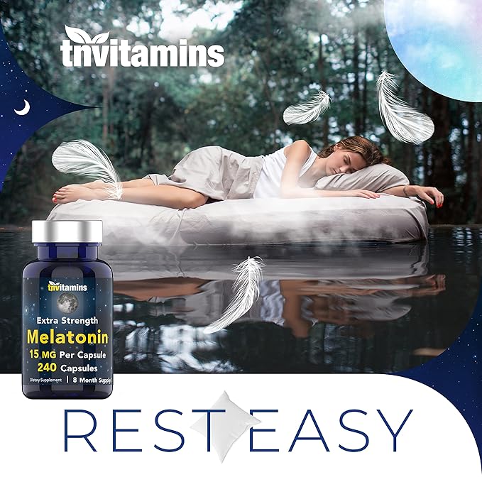 tnvitamins Melatonin 15 MG Per Capsule (240 Capsules) | All-Natural Sleeping Pills for Adults | Extra Strength Melatonin | Nighttime Sleep Aid | Natural Sleep Support Supplement