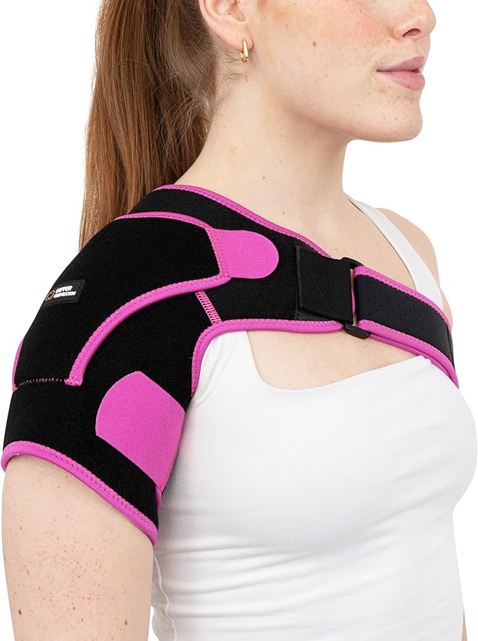 Copper Compression Recovery Shoulder Brace - Immobilizer for Torn Rotator Cuff, AC Joint Pain Relief, Dislocation, Arm Stability, Injuries, Tears - Adjustable Fits Men, Women - Black/Pink - Plus Size L/XL