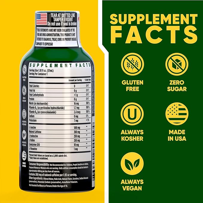 Vitamin Energy Focus+ Extra Strength Energy Shot Grape 8 Pack, 260mg Natural Caffeine, B-Vitamins, CoQ10, Amino Acids, Focus, Productivity & Clarity, Zero Sugar, Gluten-Free, 1.93 fl oz