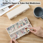 Foldable Pill Organizer 2 Times a Day w/Etched Labels -Dual Protection & Portable Weekly AM PM Pill Box, 7 Day Medicine Container, Large Travel Pill Case for Week Daily Supplement Vitamin - Khaki
