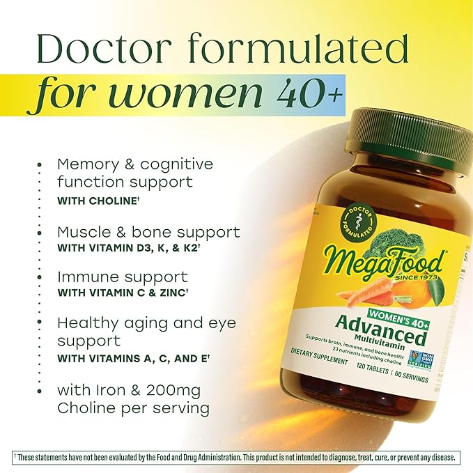 MegaFood Women's 40+ Multivitamin - Multivitamin Supplement for Women with Iron, Vitamins C, B12, K2, A, B6, Choline, and more - Non-GMO, Gluten-Free - Vegetarian - 60 Tabs (30 Servings)