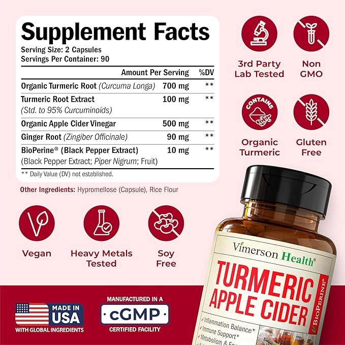 Organic Apple Cider Vinegar with Turmeric Curcumin Supplement & Ginger for Digestive Health, Metabolism, Energy & Joint Support – Organic Turmeric & Apple Cider Vinegar Capsules – 180 Vegan Capsules
