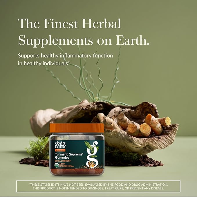 Gaia Herbs Turmeric Supreme Gummies Extra Strength - Supports Healthy Inflammatory Response in Healthy Individuals* - Lemon Ginger Flavor - 60 Vegan Organic Gummies (20 Servings)