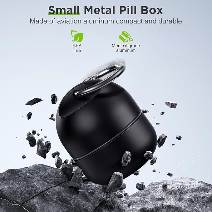 Zannaki Small Portable Single Pill Box Keychain - Metal Daily Travel Pill Organizer Case, Waterproof Pill Holder Bottle, Cute Medicine Vitamin Supplement Container Carrier for Pocket or Purse, Black