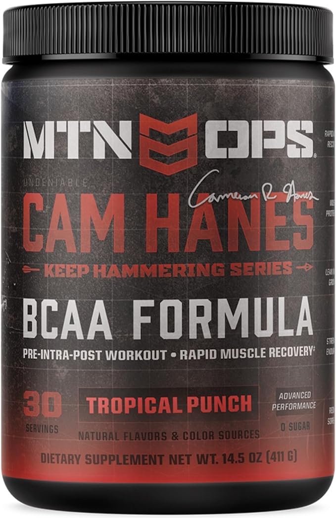 MTN OPS BCAA Powder 2:1:1 Amino Acids Supplement Powder for Rapid Muscle Recovery & Repair with Zero Sugar & Gluten Free - 30-Servings, Tropical Punch, Cameron Hanes Keep Hammering Series