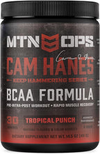 MTN OPS BCAA Powder 2:1:1 Amino Acids Supplement Powder for Rapid Muscle Recovery & Repair with Zero Sugar & Gluten Free - 30-Servings, Tropical Punch, Cameron Hanes Keep Hammering Series