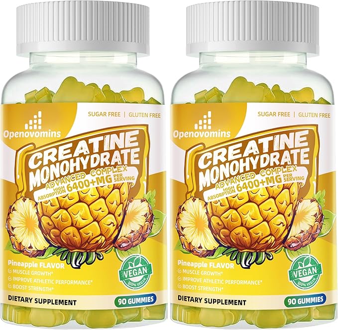 Creatine Monohydrate Gummies Complex for Men & Women -Advanced Formula W/L-Taurine + Vitamin B12, Sugar Free Chewable Supplement,180 Pineapple Gummies 2pack