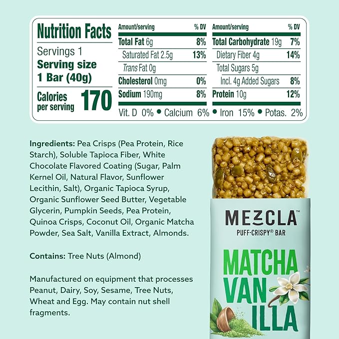 Mezcla Puff-Crispy Plant Based Protein Bars - Matcha Vanilla - Healthy Snacks for Adults & Matcha Latte Fans - Best School, Travel, Office Snacks - Gluten Free, Vegan, Non GMO, 10g Protein - 12 Count