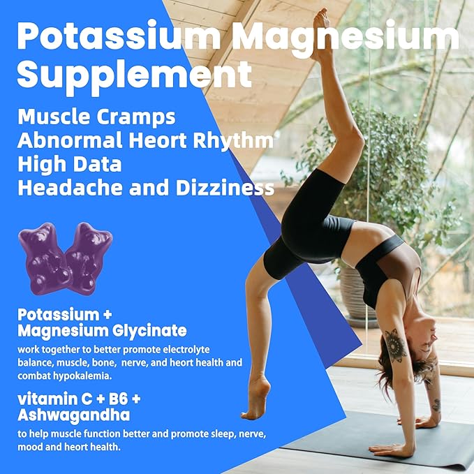 Potassium Magnesium Gummies - High Absorption Magnesium Glycinate & Potassium Citrate Plus Omega 3, B6, D3, K2 & Calcium - Chewable Gummy for Leg Cramps, Immunity & Energy-Blueberry 60 Gummies