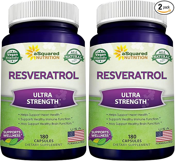 100% Natural Resveratrol - 1000mg Per Serving Max Strength (180 Capsules) Antioxidant Supplement, Trans-Resveratrol Pills for Heart Health & Pure, Polyphenols (Pack of 2)