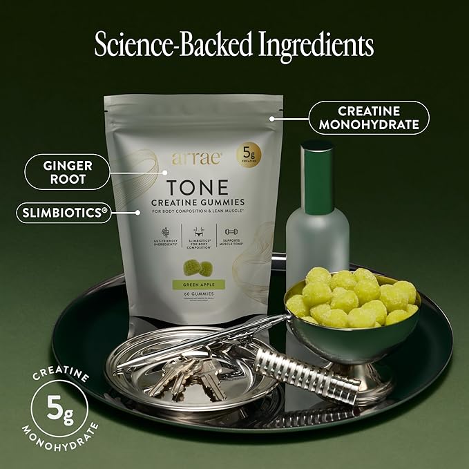 Arrae Tone Gummies – Creatine Monohydrate 5g for Women – Support Lean Muscle, Strength & Recovery – Hormone-Friendly Muscle Toning Supplement – Sour Green Apple Flavor – 60 Count (Sour Green Apple)