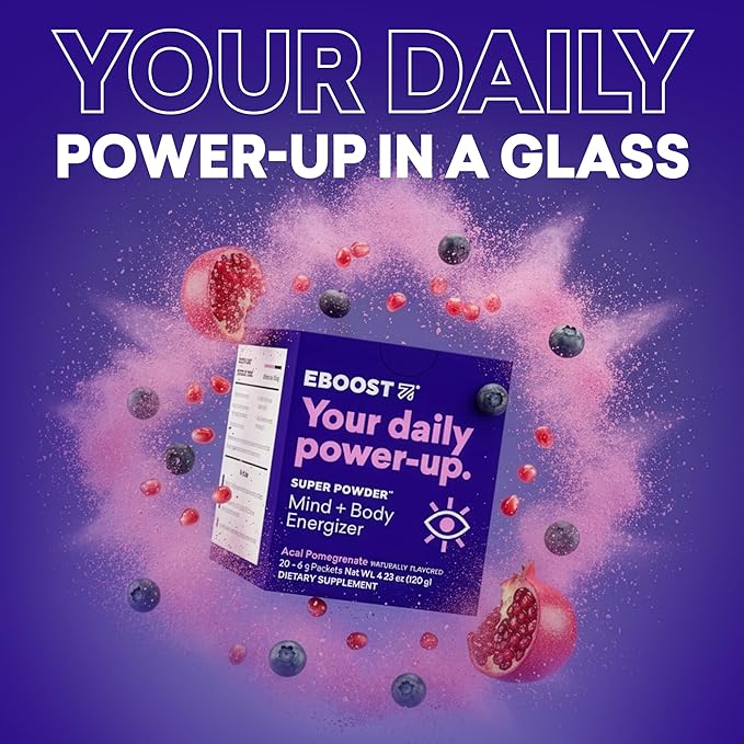EBOOST SUPER POWDER Drink Mix - Acai Pomegranate 0.2 oz 20 Pack Hydration Energizer Electrolytes Powder - 13 Vitamins & Minerals - 110 mg Caffeine - 0 Added Sugar - No Artificial Flavors or Sweeteners