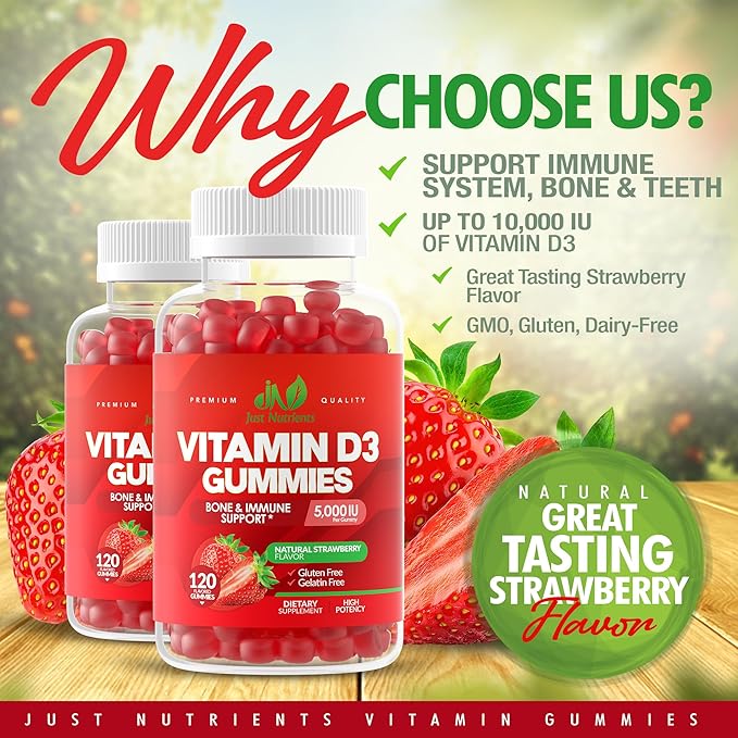 Vitamin D3 5000IU / 10,000IU Gummies for Adults & Kids (120 Count) - Maximum Strength Support for Immune System, Bones & Teeth - Gluten-Free, Non-GMO, Great Tasting Strawberry Flavor - 4 Month Supply