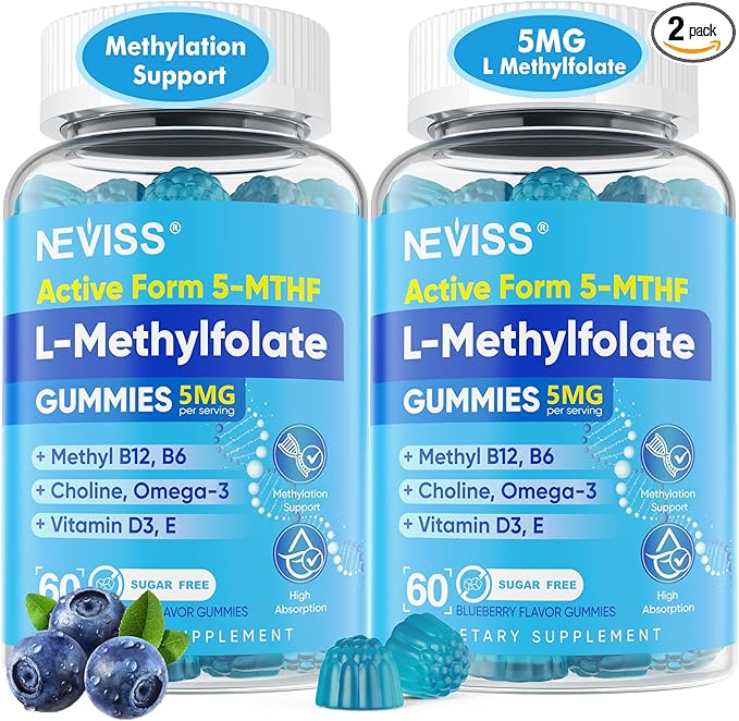 L Methylfolate Gummies & Methyl B12, Active 5-Mthf Methylated Folate 5mg Supplement for Women Men w/Methyl B Complex,Choline,Magesium,Omega-3,Methyl Folate for Methylation,Focus,Mood,Sugar Free,2Pack