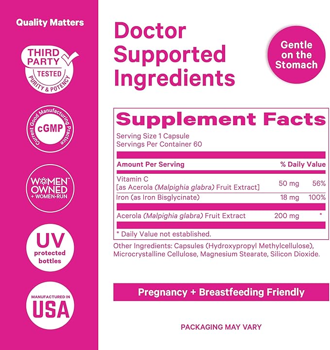 Pink Stork Prenatal Iron Supplement for Women - 18 mg Non-Constipating Iron & Vitamin C for Pregnancy, Postpartum, & Breastfeeding - Focus, Fatigue, & Blood Cell Production - 4 Month Supply