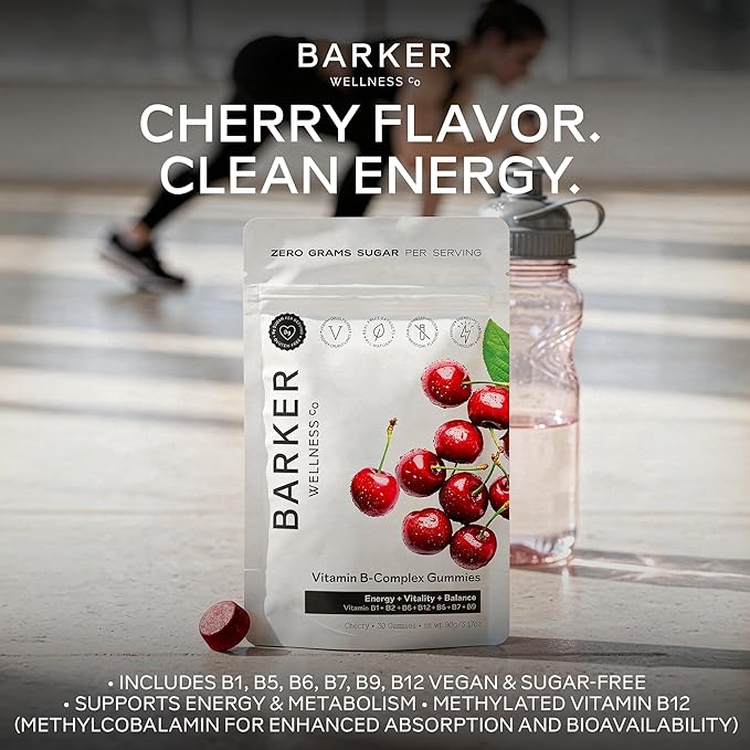 Barker Wellness Vegan B-Complex Gummies – Comprehensive Energy & Metabolism Boost with B1, B5, B6, B7 Biotin, B9 Folate, B12 | Sugar-Free Cherry Flavor for Daily Focus & Vitality
