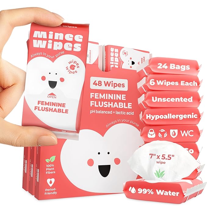 Impossibly Compact Travel Feminine Wipes - 99% Water and Aloe - pH Balanced, Period-Friendly & Ultra Soft - Travel Essentials for Women & Teens - Unscented - 24 Pack Total 144 Wipes