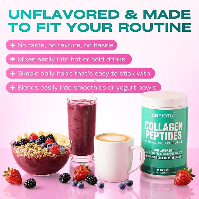 GOBIOTIX Collagen Powder Supplement with Probiotics - Hydrolyzed Protein Collagen Powder for Women - Hair Skin and Nails, Joint and Digestive Health - Collagen Peptides Type I and III - 30 Servings