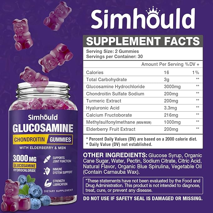 Simhould 3 Packs Glucosamine Chondroitin Gummies - 3000MG Extra Strength Joint Support Supplement with MSM & Elderberry, Flexibility, Antioxidant Immune Support Gummy for Adults, Men & Women