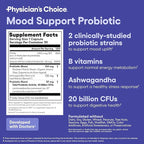 Physician's CHOICE Mood Support Probiotic - Supports a Balanced Mood, Healthy Stress Response & Digestive Health with Prebiotics, Ashwagandha, Vitamin B12, Folate - for Men & Women - 30ct