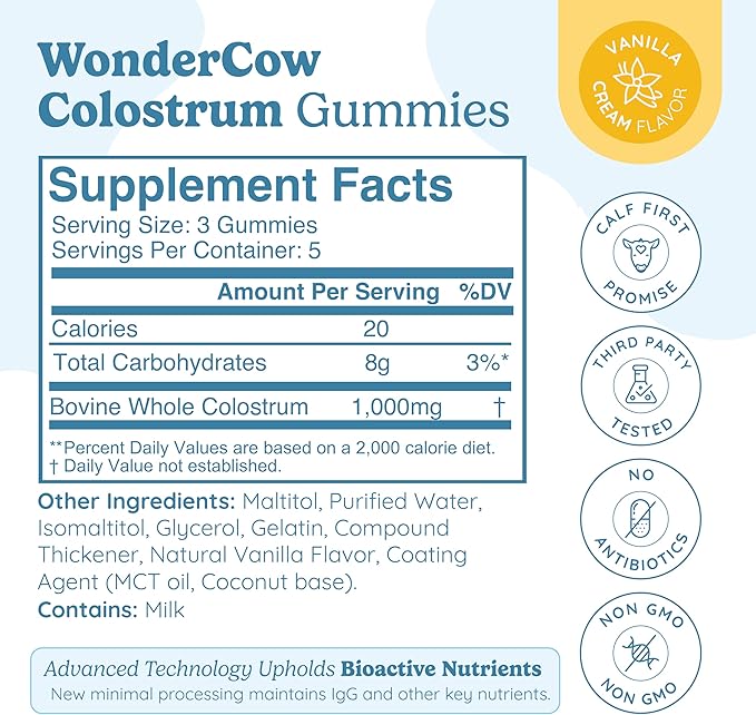 WONDERCOW Colostrum Gummies for Gut Health, Immune Support & Wellness | Natural IgG Whole Bovine Colostrum Supplement, 1,000mg per Serving (15 Gummies (5 Servings), Vanilla Cream)