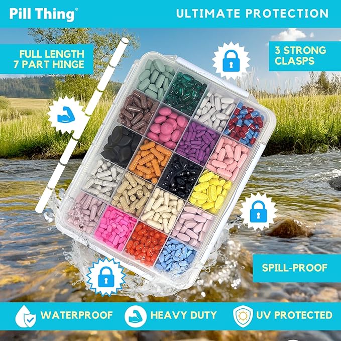 20 Compartment Large Pill Case with Airtight Seal - Silicone Gasket Waterproof Med Box with Medication Map (Clear, 1 Pack)