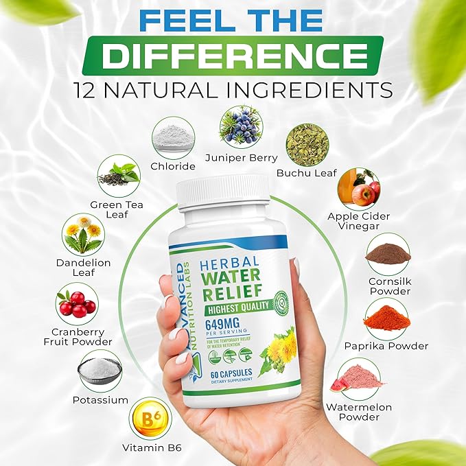Herbal Water Relief Diuretic Water Pills for Water Retention, Bloating, Swollen Legs, Feet - Dandelion Extract Supplement - Water Retention Loss - Diuretics for Women & Men - 60 Capsules