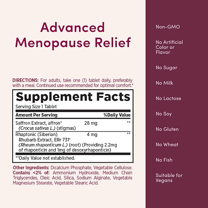 Nature’s Bounty Optimal Solutions Advanced Menopause Relief, Menopause Supplement for Women featuring Siberian Rhubarb, Hotflash Relief, No added Hormones, Drug-Free, 30 Tablets, 30 Total Servings