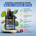 Magnesium Supplement - 5 in 1 Complex | Glycinate | Citrate | Malate | Taurate | Oxide - Made in USA - Stress, Muscle & Heart Support - Vegan, Natural, Non-GMO - 180 Capsules, 2 Month Supply