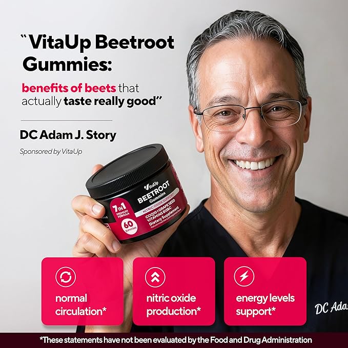 VitaUp Beet Root Gummies – Beetroot Supplement with CoQ10, Grape Seed, Vitamin C, B12 & B3 – Nitric Oxide Gummies for Circulation Support – Beet Supplement for Energy & Immune Support – 60 Beets Chews