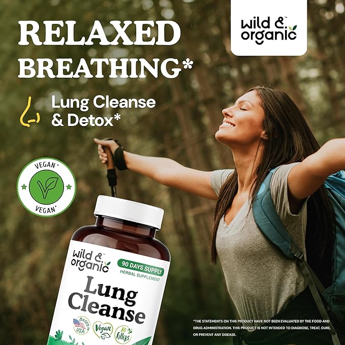 Wild & Organic Lung Cleanse Capsules - Lung Support Supplement with Mullein Leaf, Stinging Nettle, Angelica & Korean Panax Ginseng - Vegan, No Fillers, Non-GMO - 180 Count