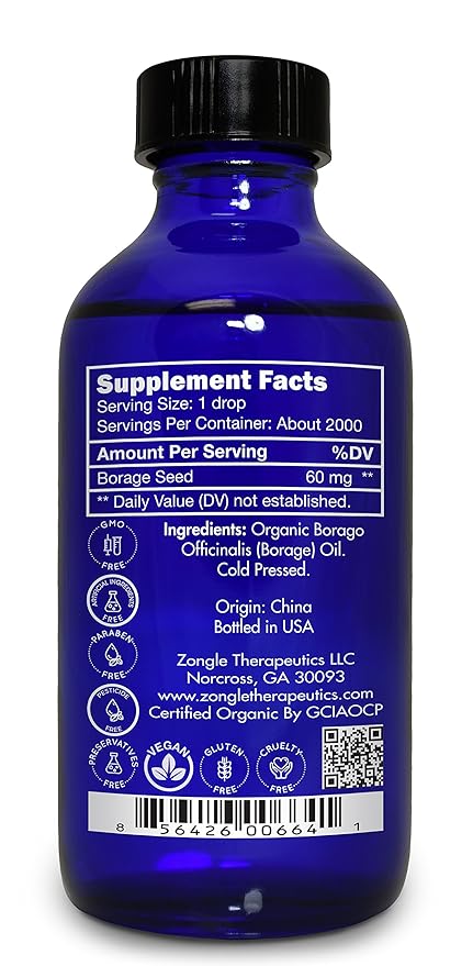 Zongle Therapeutics Organic, Borage Oil, Liquid, Supplement – 100% Pure, Borage Seed Oil, 4 OZ