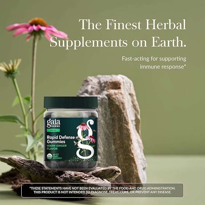 Gaia Herbs Rapid Defense Gummies - Supports Immune Health* - with Propolis, Ginger & Echinacea - USDA Organic - 60 Vegetarian Gummies (30 Servings)