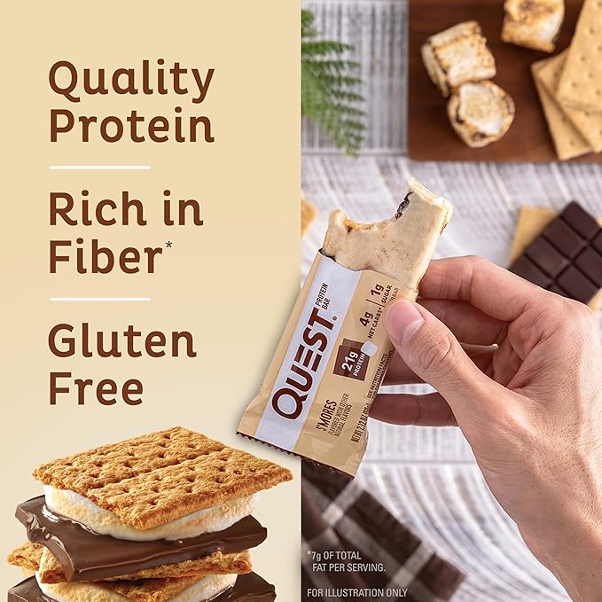 Quest Nutrition S'Mores Protein Bars, 21g Protein, 1g Sugar, 4g Net Carb, Gluten Free, Keto Friendly, 12 Count