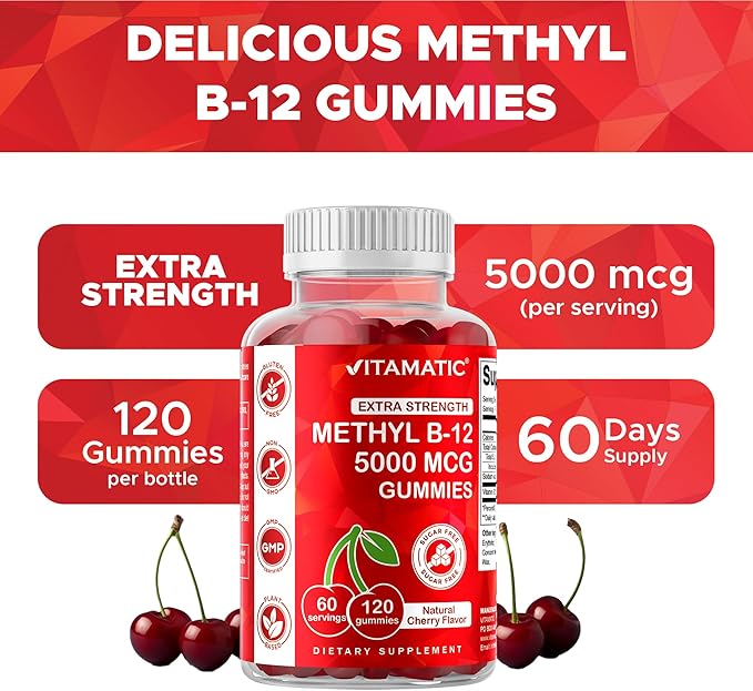 Vitamatic Extra Strength Vitamin B12 5000 mcg (Methyl B12) Gummies - 120 Count - Energy Metabolism Support and Nervous System Health Support, Natural Cherry Flavored (1)