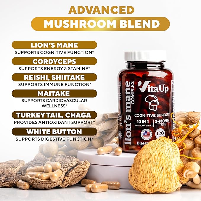 VitaUp Mushroom Supplement - USA Made 10 in 1 Mushroom Complex - Mushroom Capsules with Lions Mane, Cordyceps, Turkey Tail, Reishi, Shiitake for Cognitive & Immune Support - 120 Count