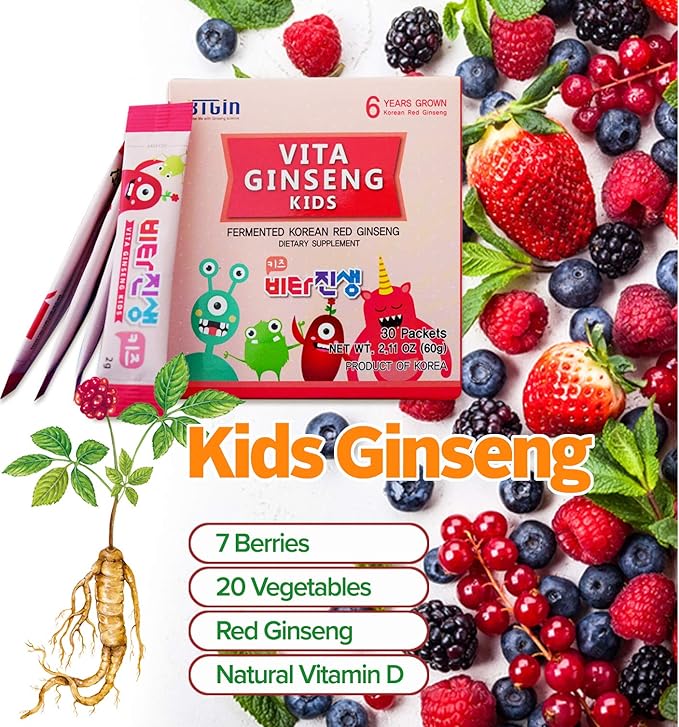Vita Ginseng Kids, Vitamin D, Zinc, 7 Berries, Banana, 20 Vegetables, Milk Powder for Immune Support, Focus and Memory Boost, 30 Packets (1Set)