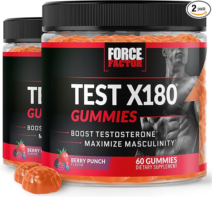 Force Factor Test X180 Gummies Testosterone Booster for Men with Tongkat Ali, Horny Goat Weed, Tribulus Terrestris, Fenugreek, Black Maca, Testosterone Supplement for Men, Berry Punch, 120 Gummies