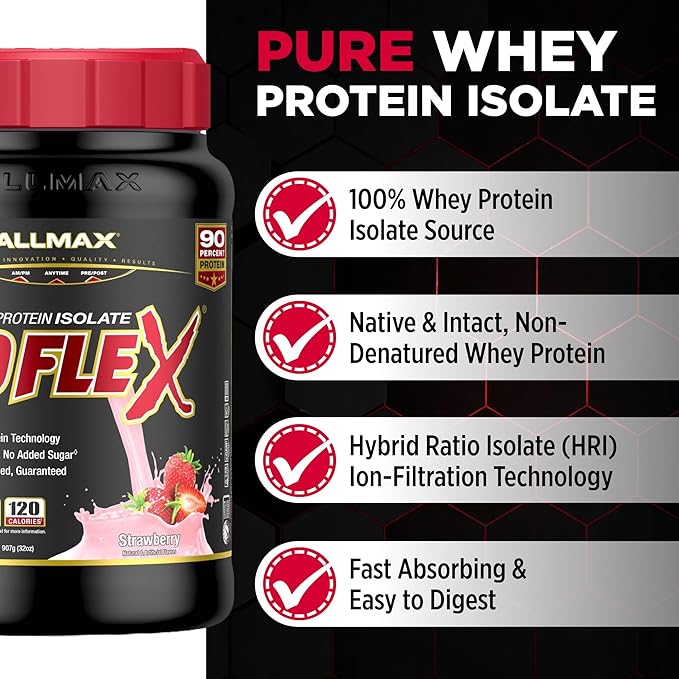 ALLMAX ISOFLEX Pure Whey Isolate Protein Powder - Gluten Free, Low Lactose, Sugar-Free - High-Protein, Clean, Keto-Friendly, Pre Post Workout Supplement for Women and Men | Strawberry, 2lb