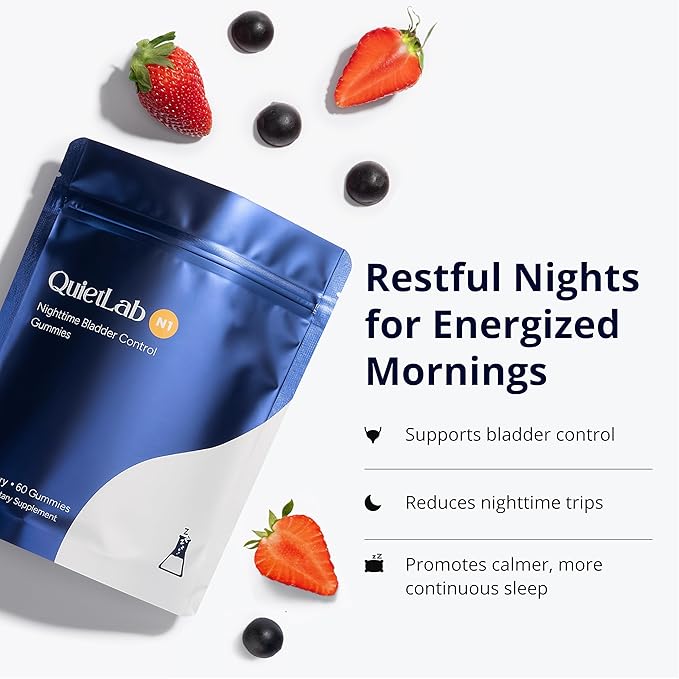 QuietLab N1 Nighttime Bladder Support Gummies - Helps Reduce Nighttime Bathroom Trips for Men & Women - Pumpkin Seed, D-Mannose, Ashwagandha for Sleep & Bladder Control - Strawberry Flavor (60 Count)