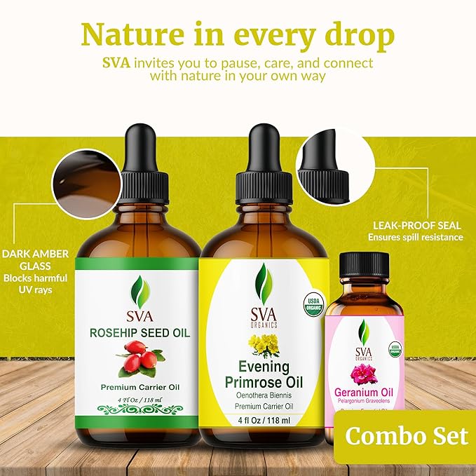SVA Evening Primrose, Geranium, and Rosehip Oil 4 oz Bundle Super Saver Combo – Premium Grade Bundle Set for Hair Oiling, Scalp Massage, Hair Care, Face, Skin Care and Body Massage