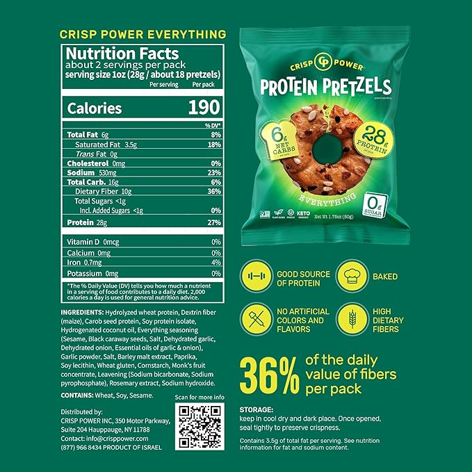 CRISP POWER Protein Pretzels, Variety Pack With Sea Salt, Sesame, & Everything, Up To 28G Protein, High Protein Snack, High Fiber, Low Carb Crunchy Pretzel Snacks, No Added Sugar, 1.75 oz Bags, 24 Pack, Vegan, Keto