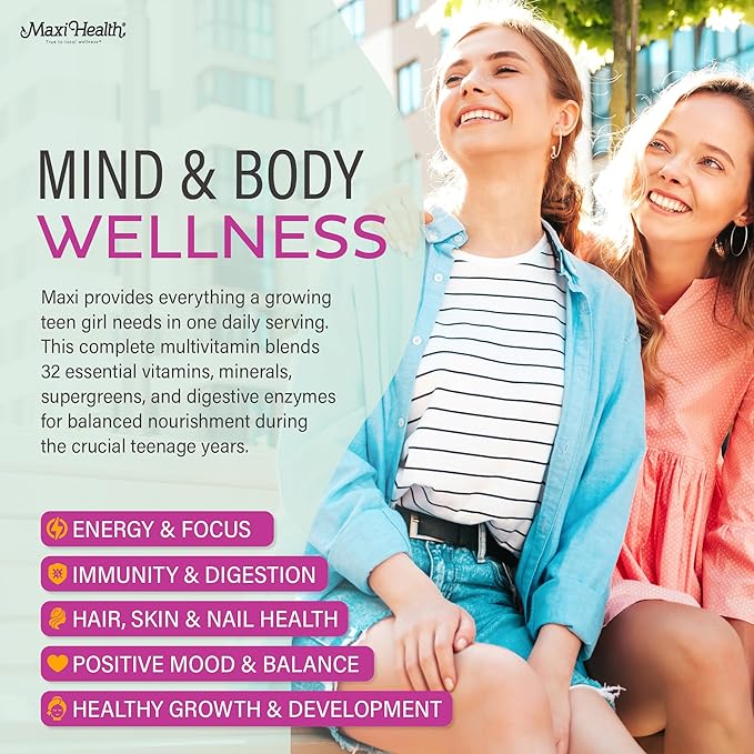 Maxi Health Teen Vitamins for Girls 12-17 - Teen Multivitamin D3, Iron, Calcium, Biotin, Zinc, Digestive Enzymes – Teenager Girl Multi Vitamins for Healthy Skin, Immune & Mood Support – 120 Count