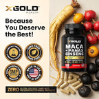 Maca Root Capsules 20:1 Extract + Korean Panax Ginseng10:1 Extract - 20x Concentrated Black + Red + Yellow Maca Root, 10x Concentrated Panax Ginseng Capsules - Ultra Potent & Highly Purified
