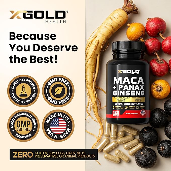 Maca Root Capsules 20:1 Extract + Korean Panax Ginseng10:1 Extract - 20x Concentrated Black + Red + Yellow Maca Root, 10x Concentrated Panax Ginseng Capsules - Ultra Potent & Highly Purified