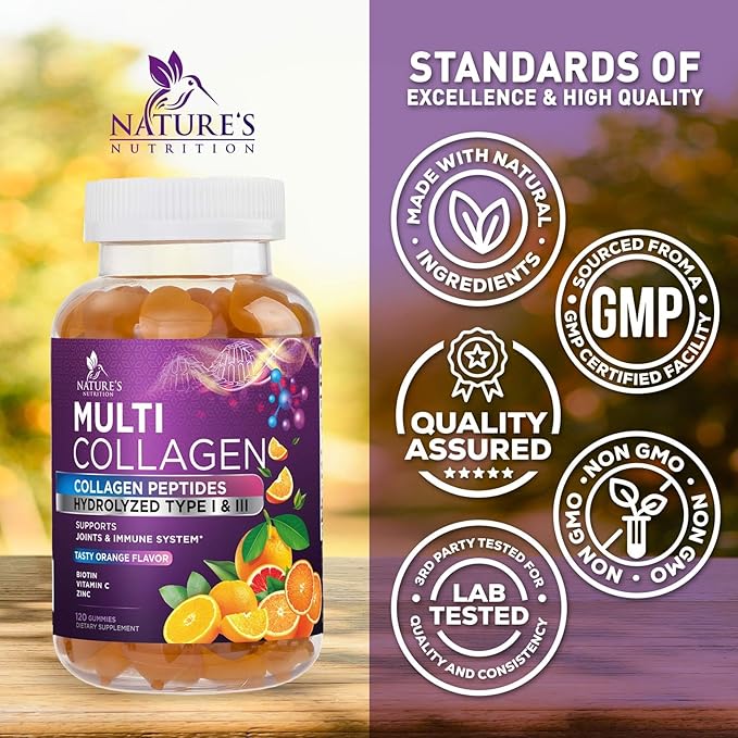 Collagen Peptides Gummies with 2500mcg Biotin Per Serving - Hair Growth, Skin & Nails Supplement - Hydrolyzed Collagen Multi Type I & III, Vitamin C for Immune Support, Orange Flavor, 120 Gummies