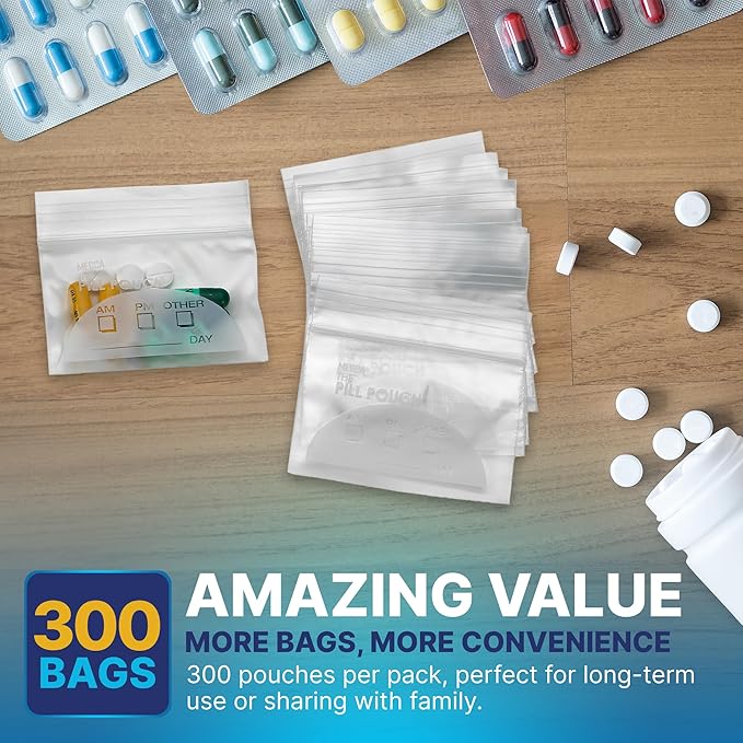 Pill Pouch Bags - (Pack of 300) 3" x 2.75" - BPA Free, Poly Bag Disposable Zipper Pills Baggies, Daily AM PM Travel Medicine Organizer Storage Pouches, Best Clear Reusable with Write-on Labels