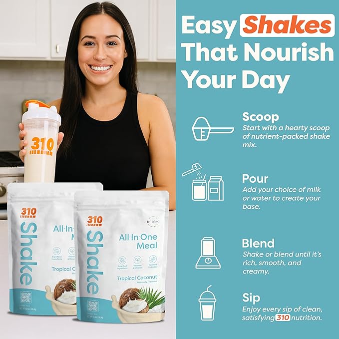 310 Nutrition All-In-One Meal Replacement Shake Powder - Plant-Based Protein Smoothie Blend w/High Fiber, Probiotics & Adaptogens - Low Carb, Vegan, Keto & Paleo Friendly - Tropical Coconut - 28 Srv