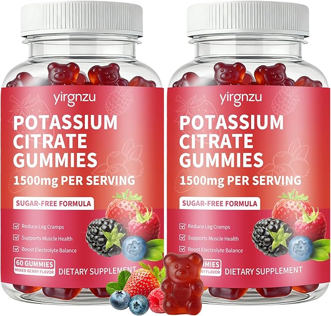 Potassium Citrate Gummies 1500mg, Potassium Supplement for Women & Men, Support Leg Cramps & Muscle Health, Vegan, Mixed Berry Flavor 120 Count