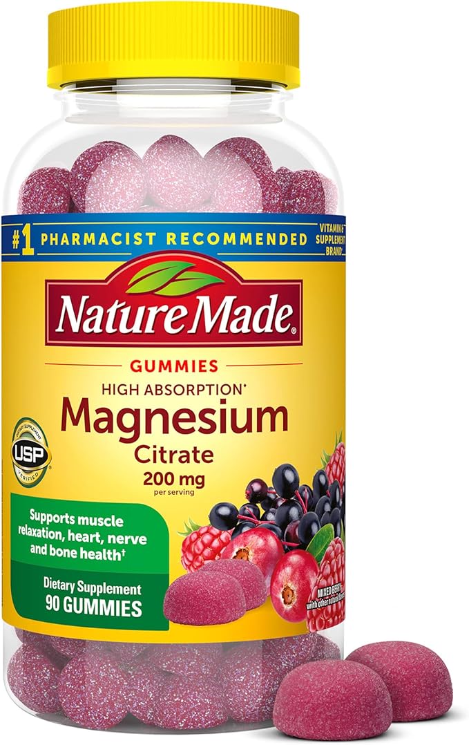 Nature Made High Absorption Magnesium Citrate 200 mg per serving, Magnesium Supplement for Muscle, Nerve, Bone and Heart Support, 90 Magnesium Gummies, 45 Day Supply